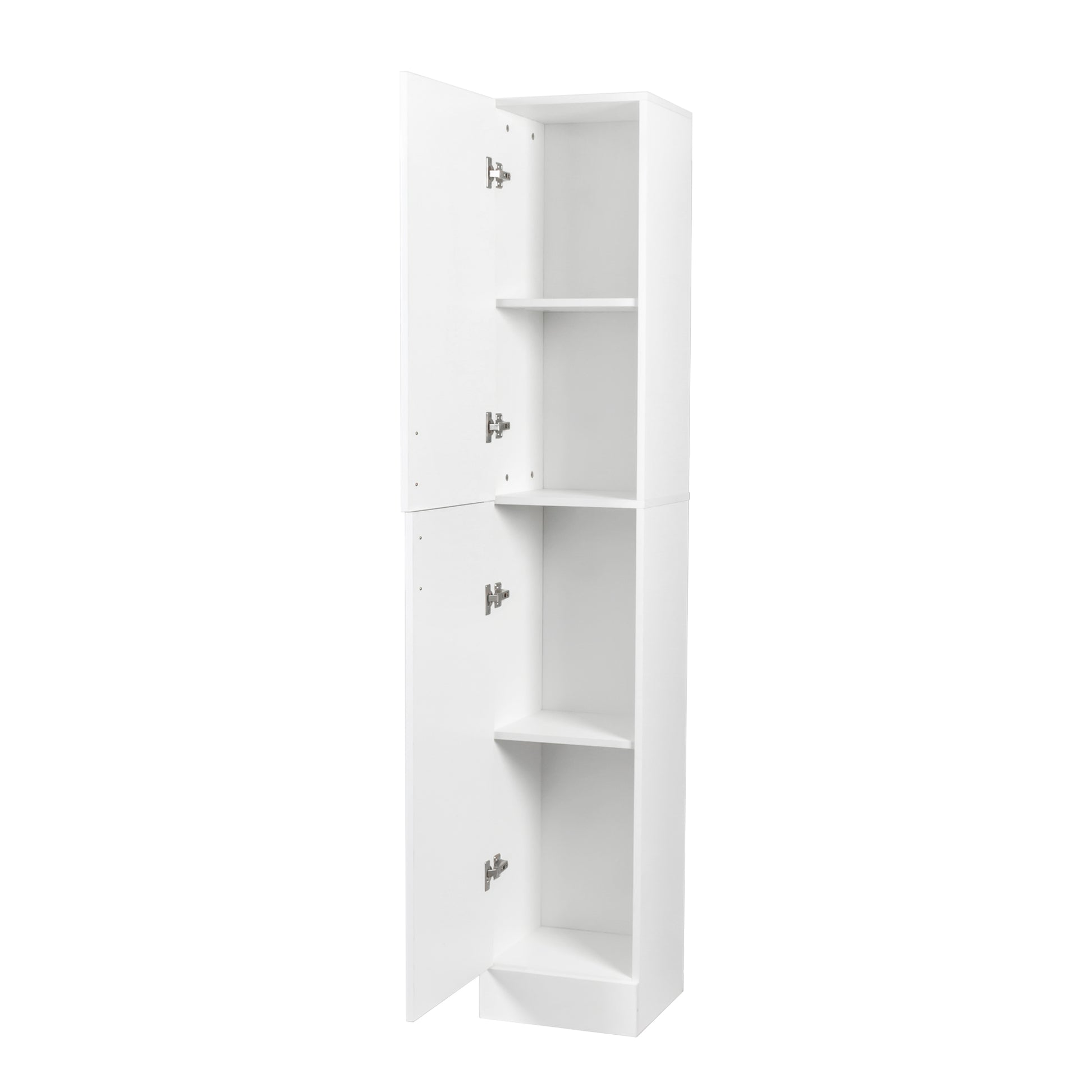 Tall white cabinet with two doors and four shelves