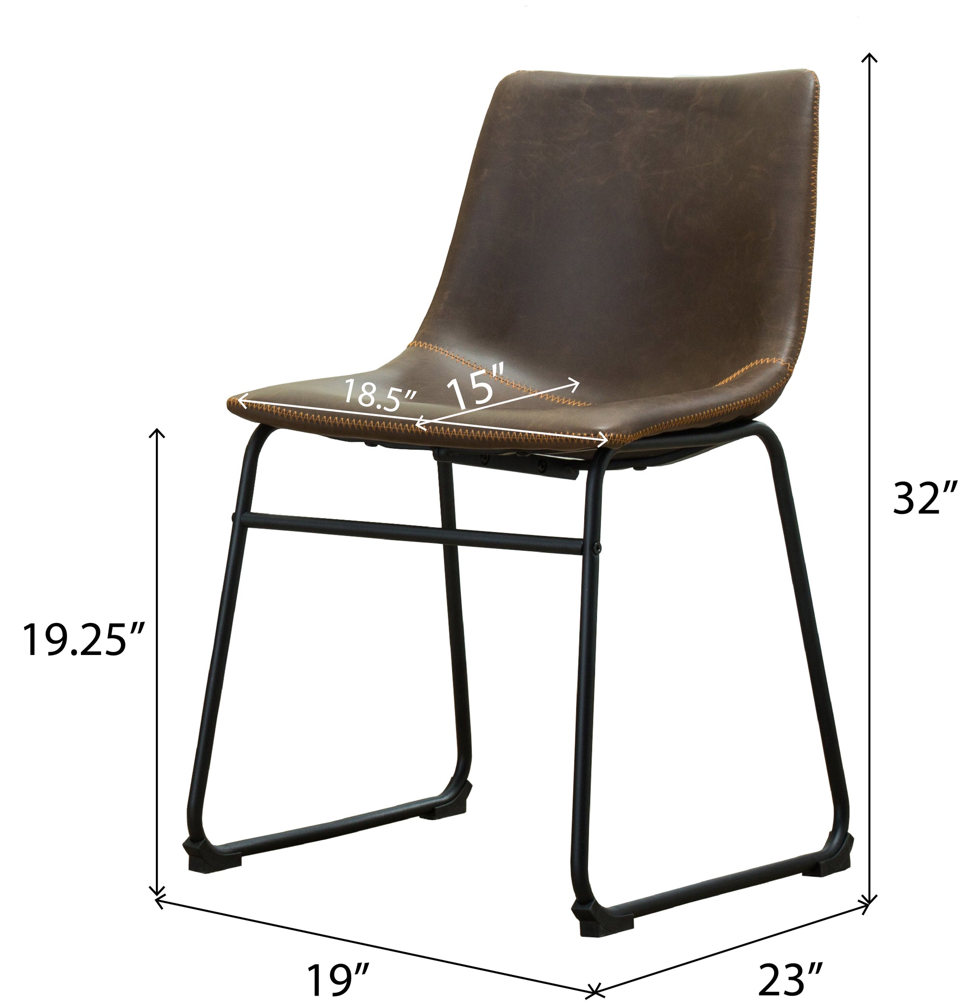 Brown faux leather dining chair with orange stitching and black metal legs