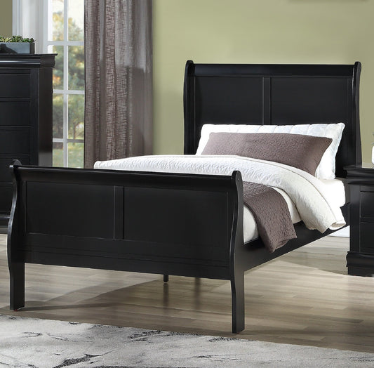 Black wooden sleigh bed with upholstered headboard and textured bedding