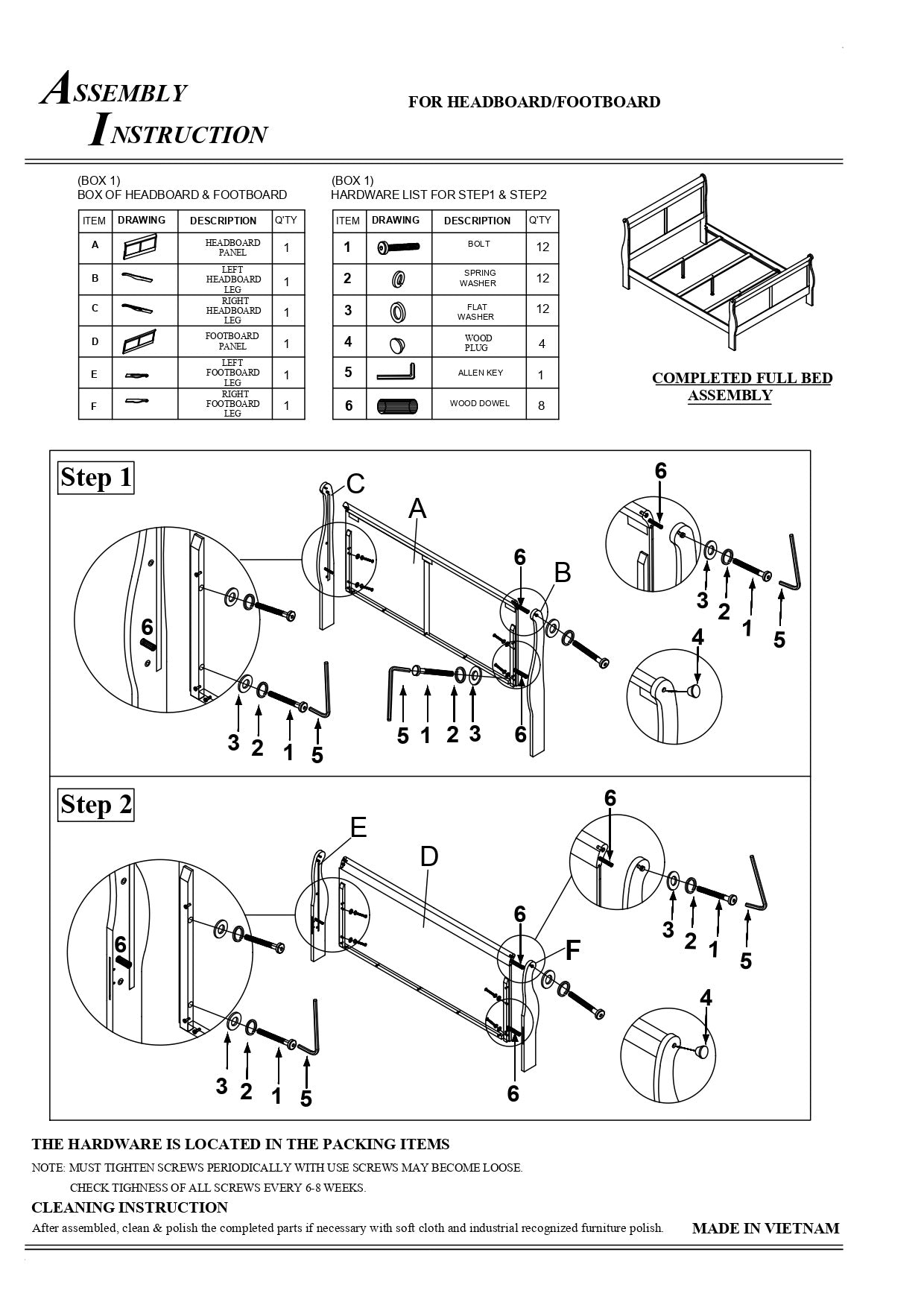 Headboard panel and footboard leg assembly instructions for bed frame