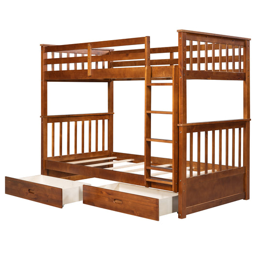 Solid wood twin over twin bunk bed with drawers in rich walnut finish