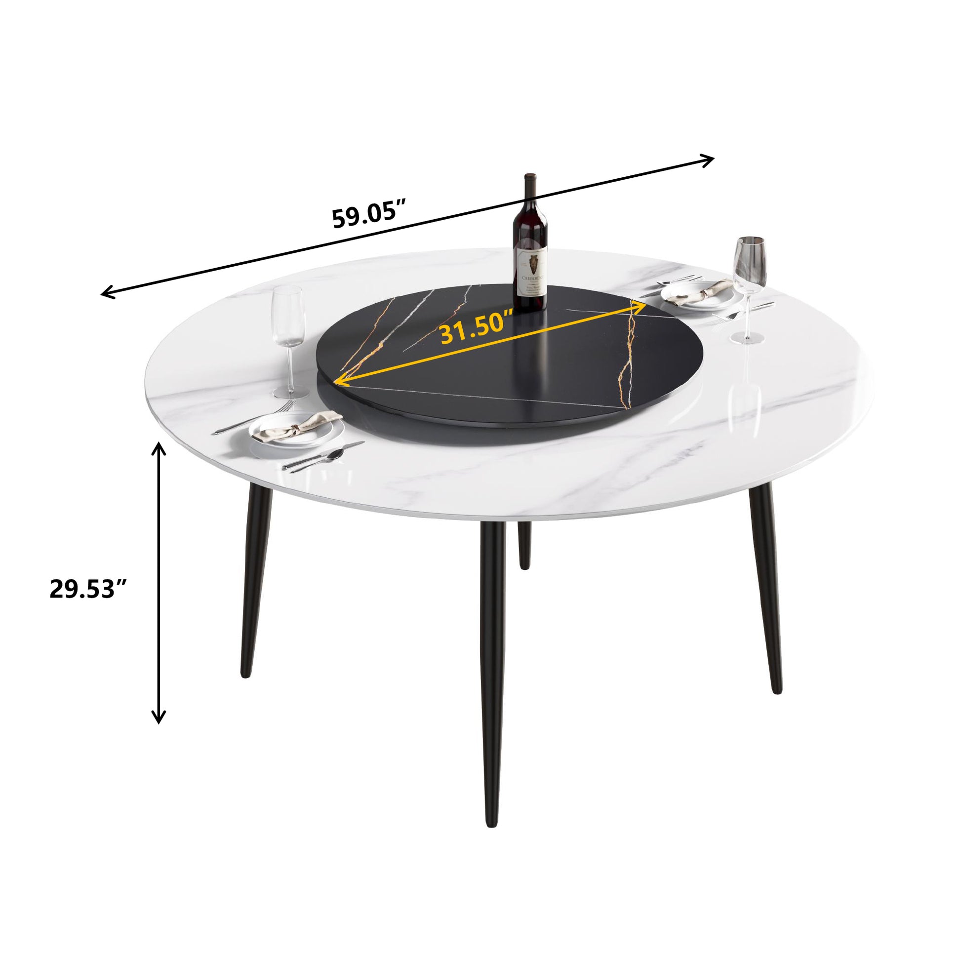Round marble dining table with a rotating black centerpiece