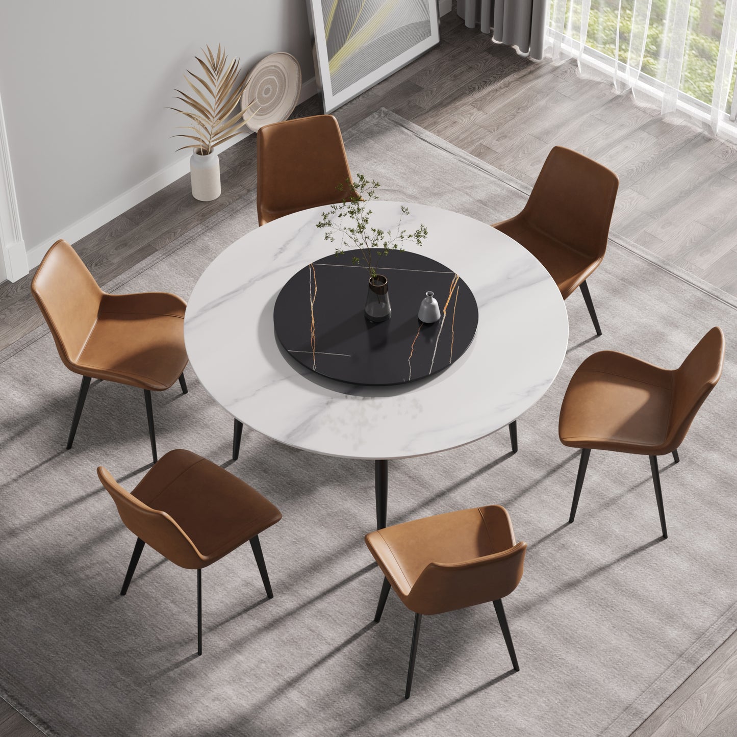 Round marble dining table with  brown leather chairs
