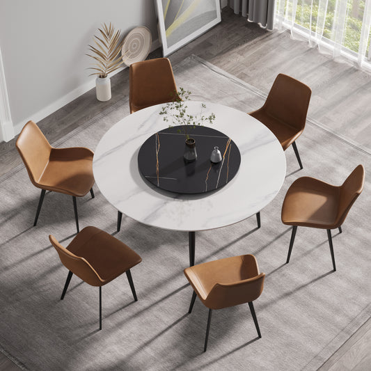 Round marble dining table with  brown leather chairs