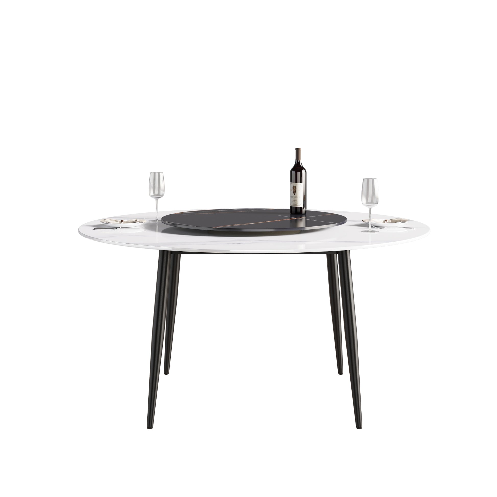 Modern round dining table with white marble top and black legs set for two with wine