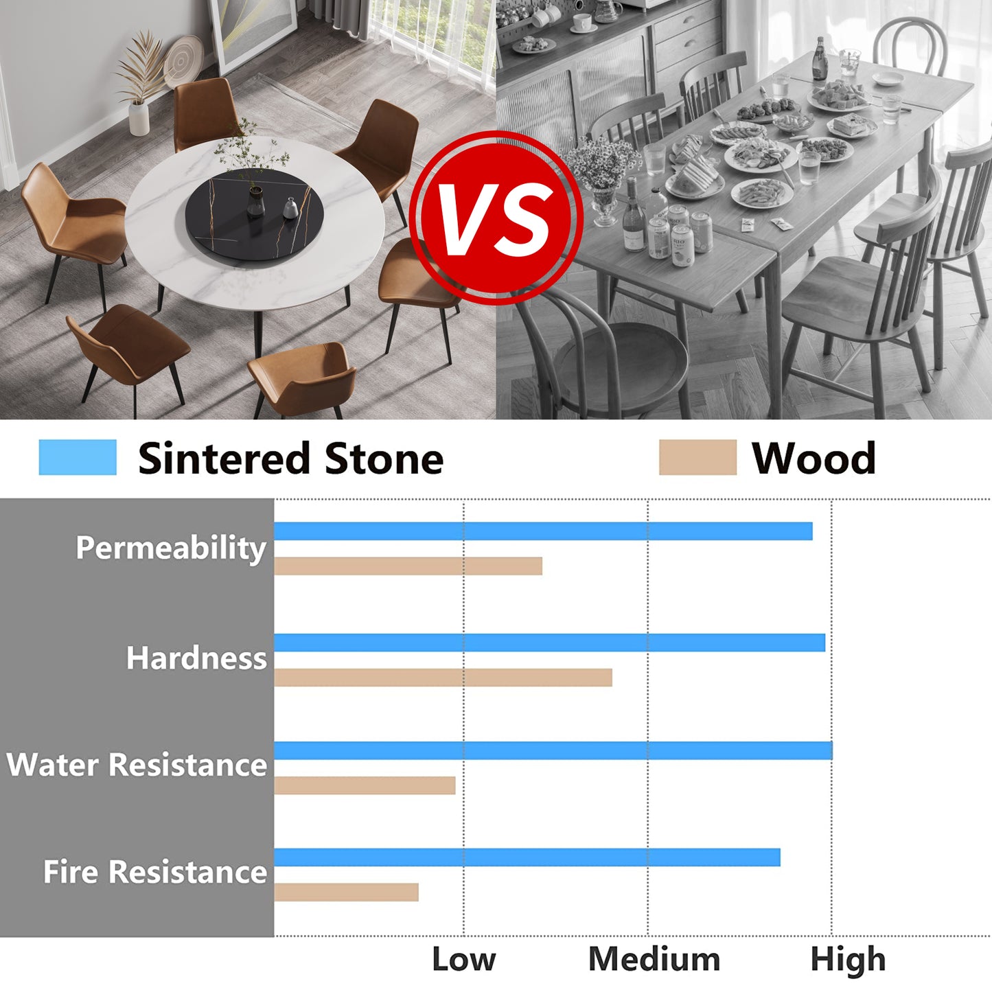 Sintered stone dining table with white marble pattern and brown leather chairs