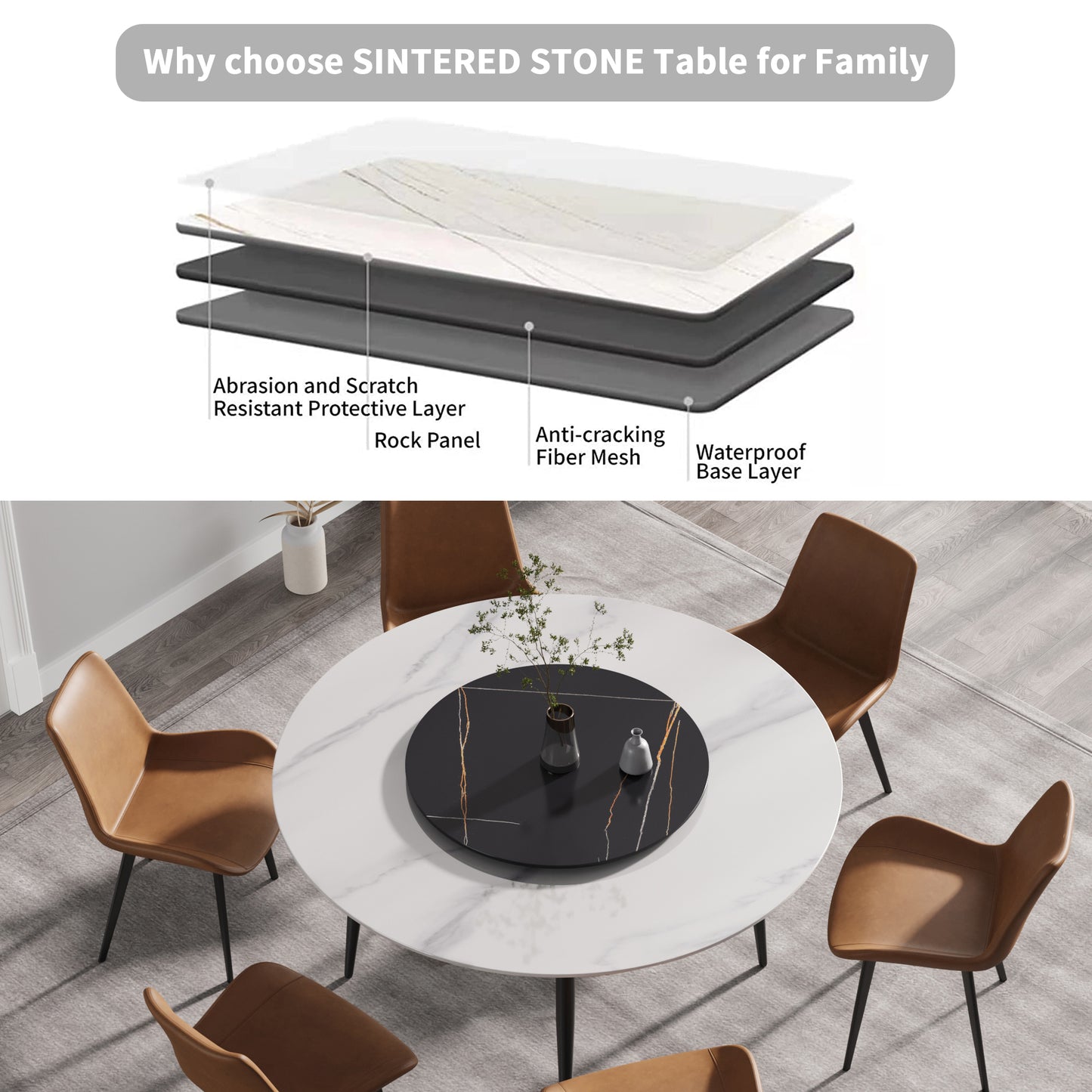 Round sintered stone dining table with white marble top