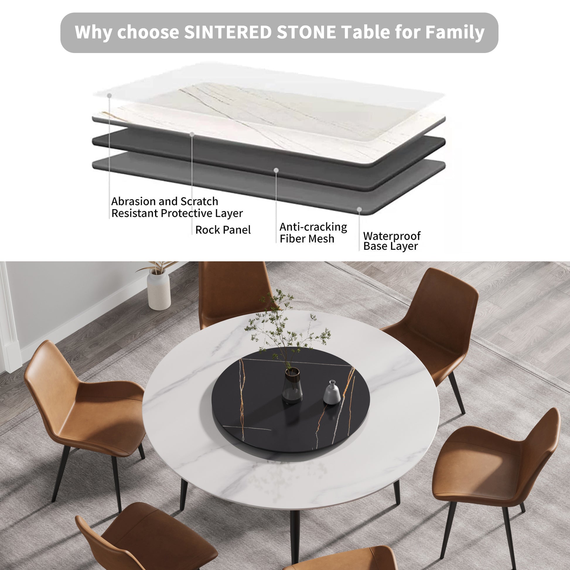 Round sintered stone dining table with white marble top