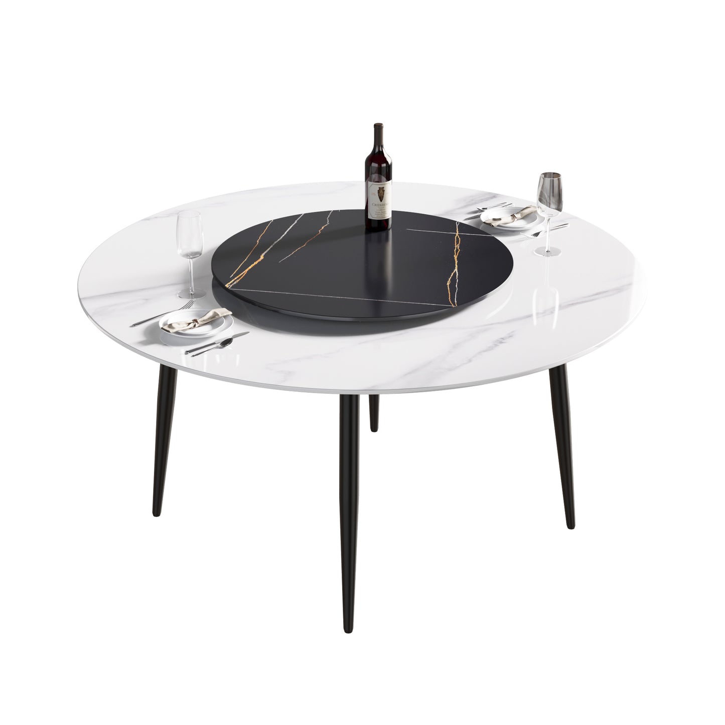 Modern white marble dining table with black base and gold accents