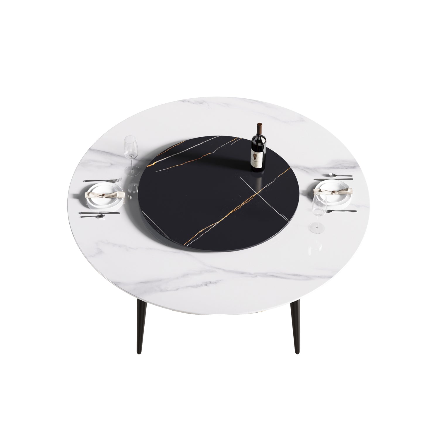 Modern white marble round dining table with black lazy Susan