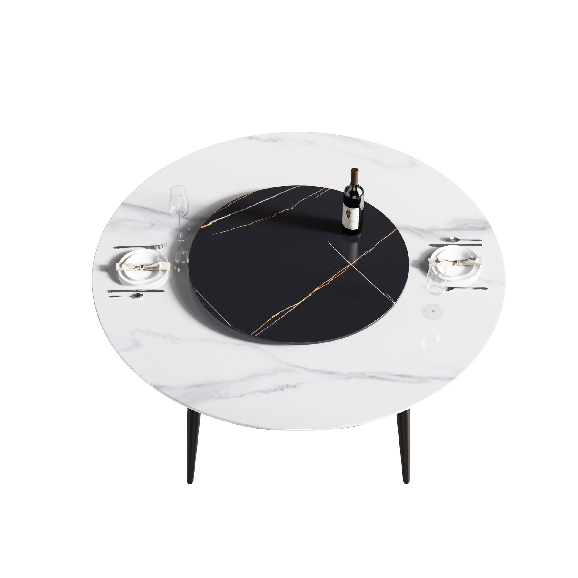 Modern white marble round dining table with black lazy Susan