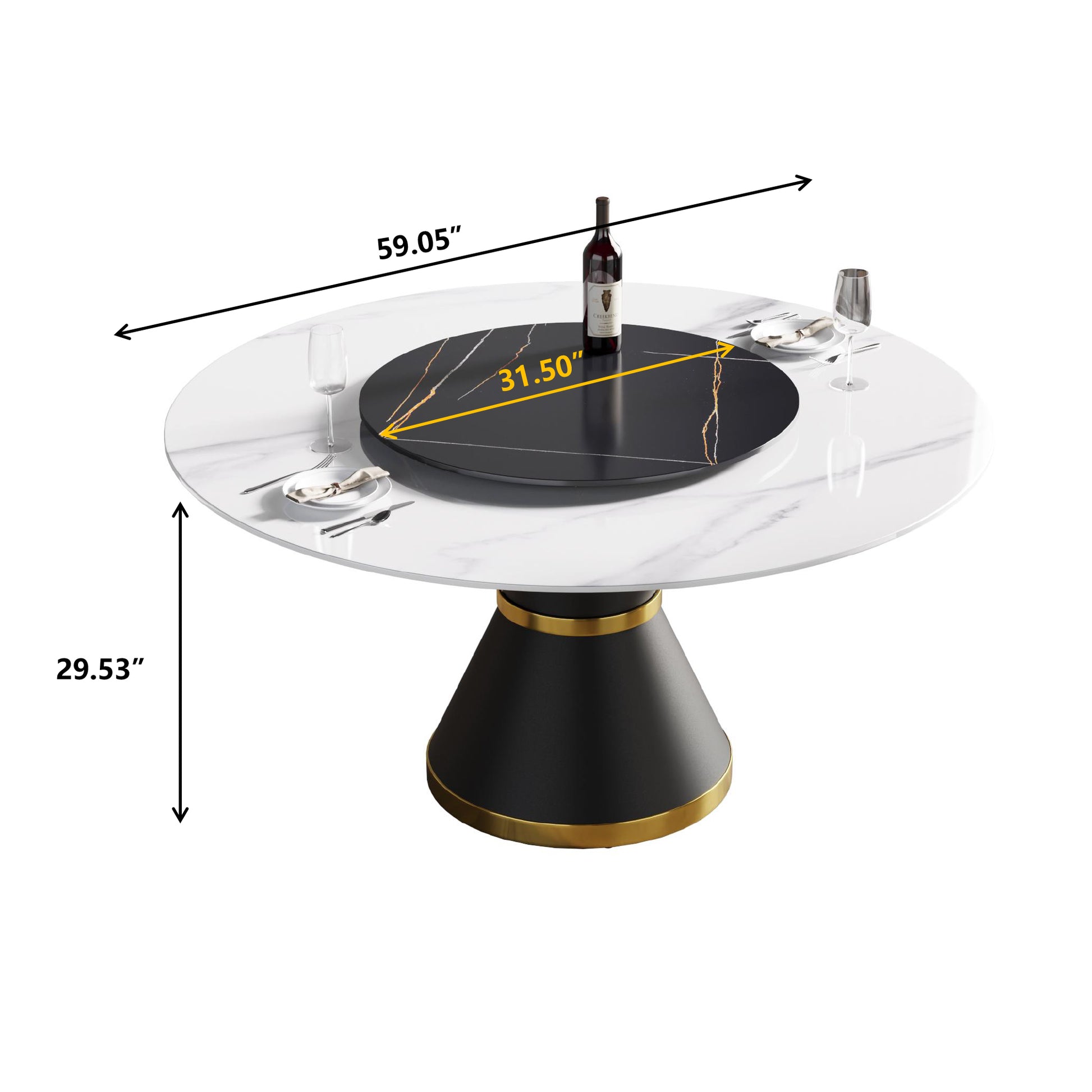 White marble dining table with rotating black centerpiece and gold accents