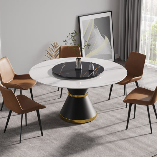 Round white marble dining table with black base and gold accent