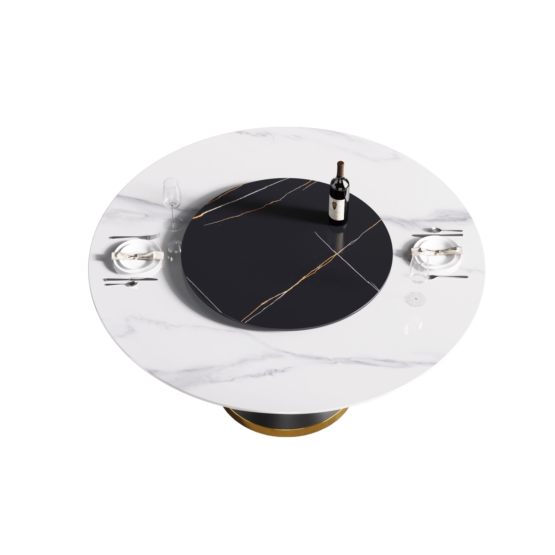 Modern white marble dining table with rotating black marble centerpiece