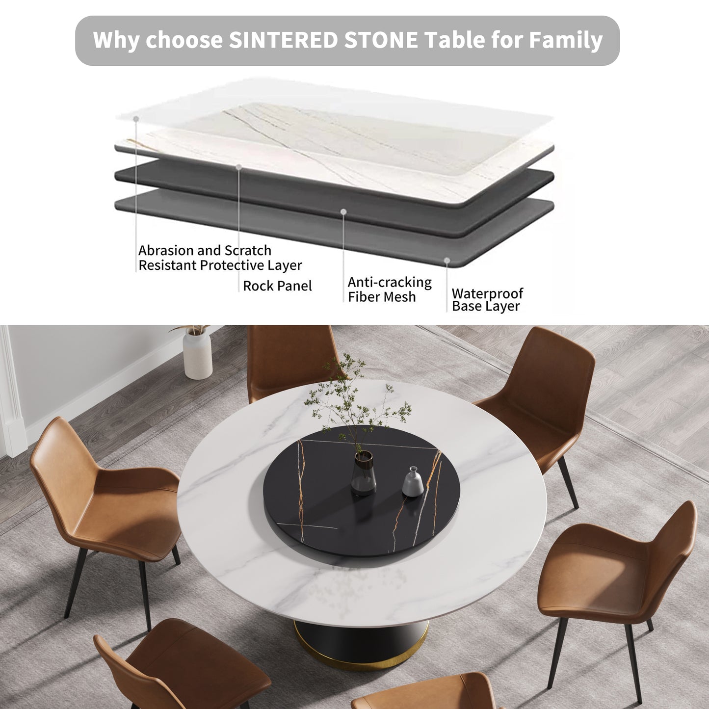 Round sintered stone dining table with marble effect top and modern chairs