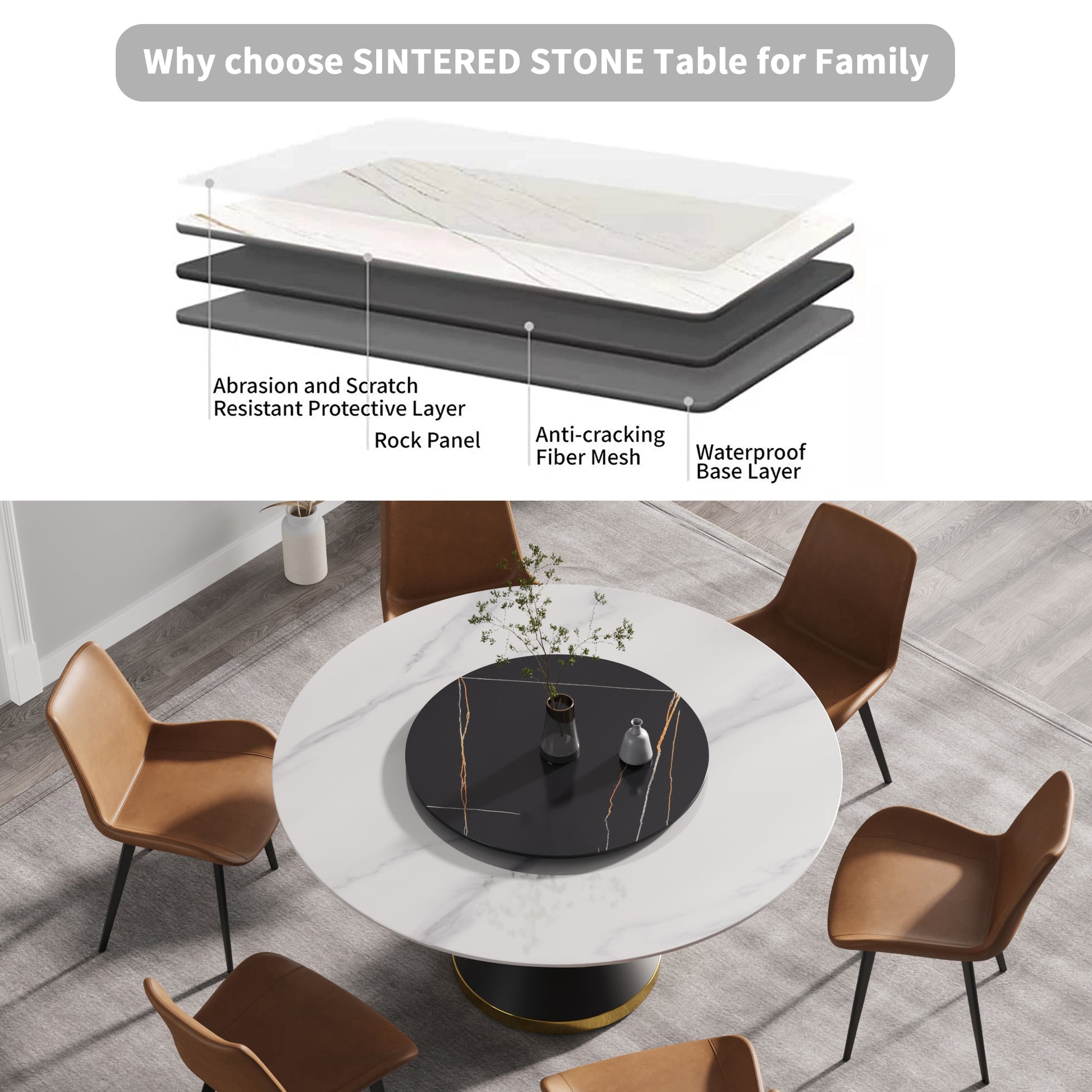 Round sintered stone dining table with marble effect top and modern chairs