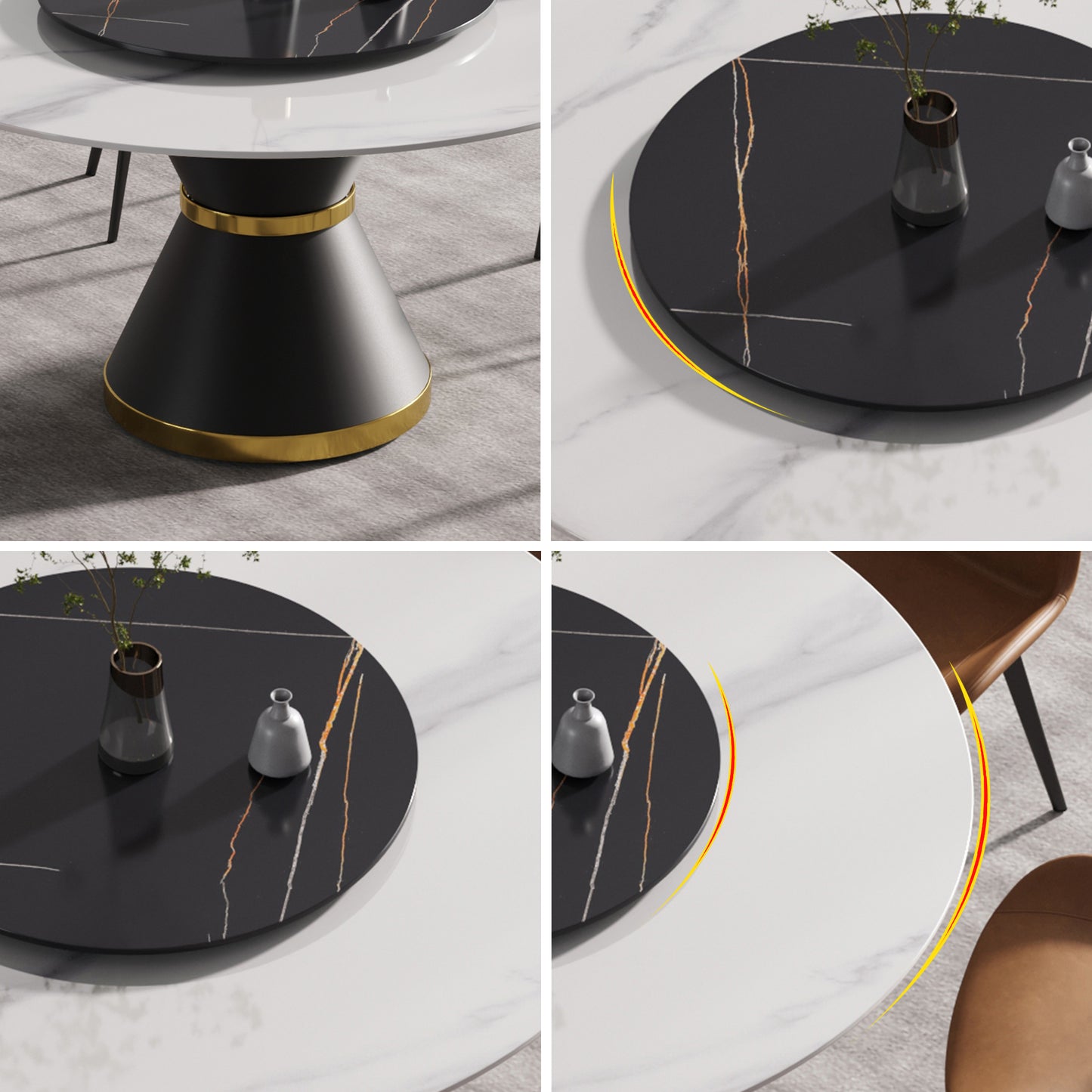 Modern black dining table with gold accent trim
