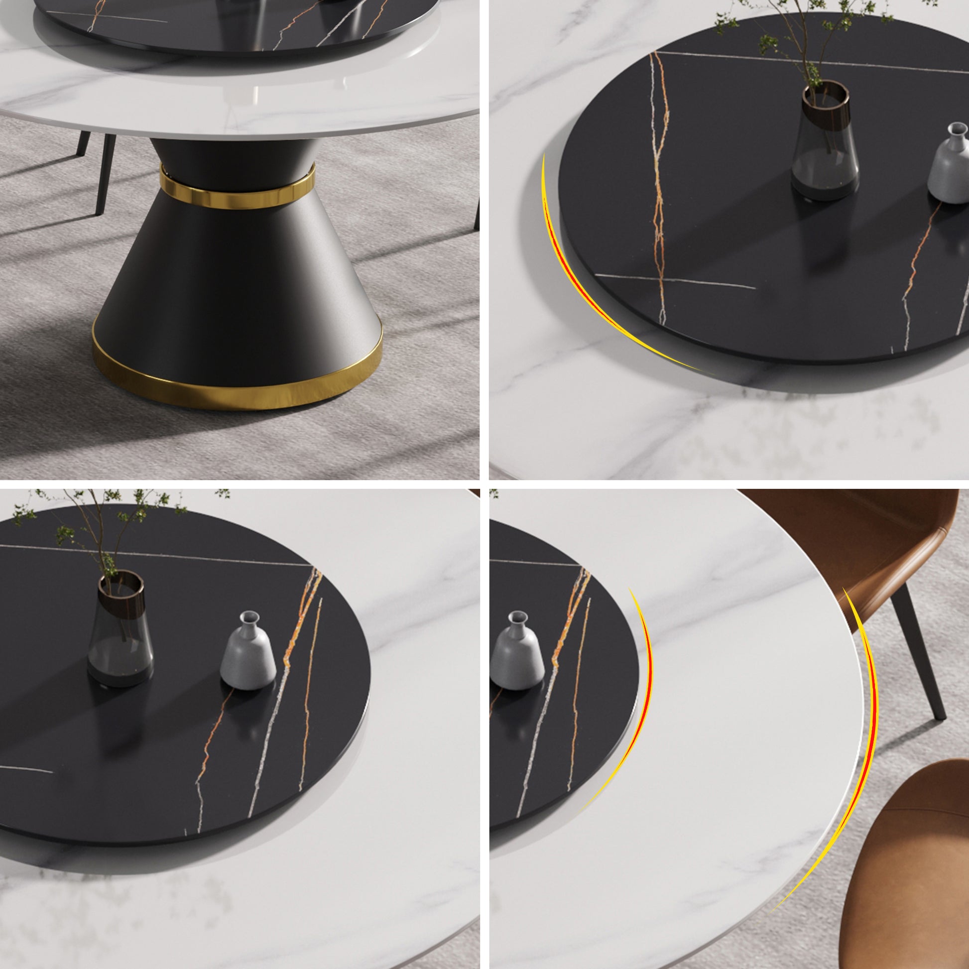 Modern black dining table with gold accent trim
