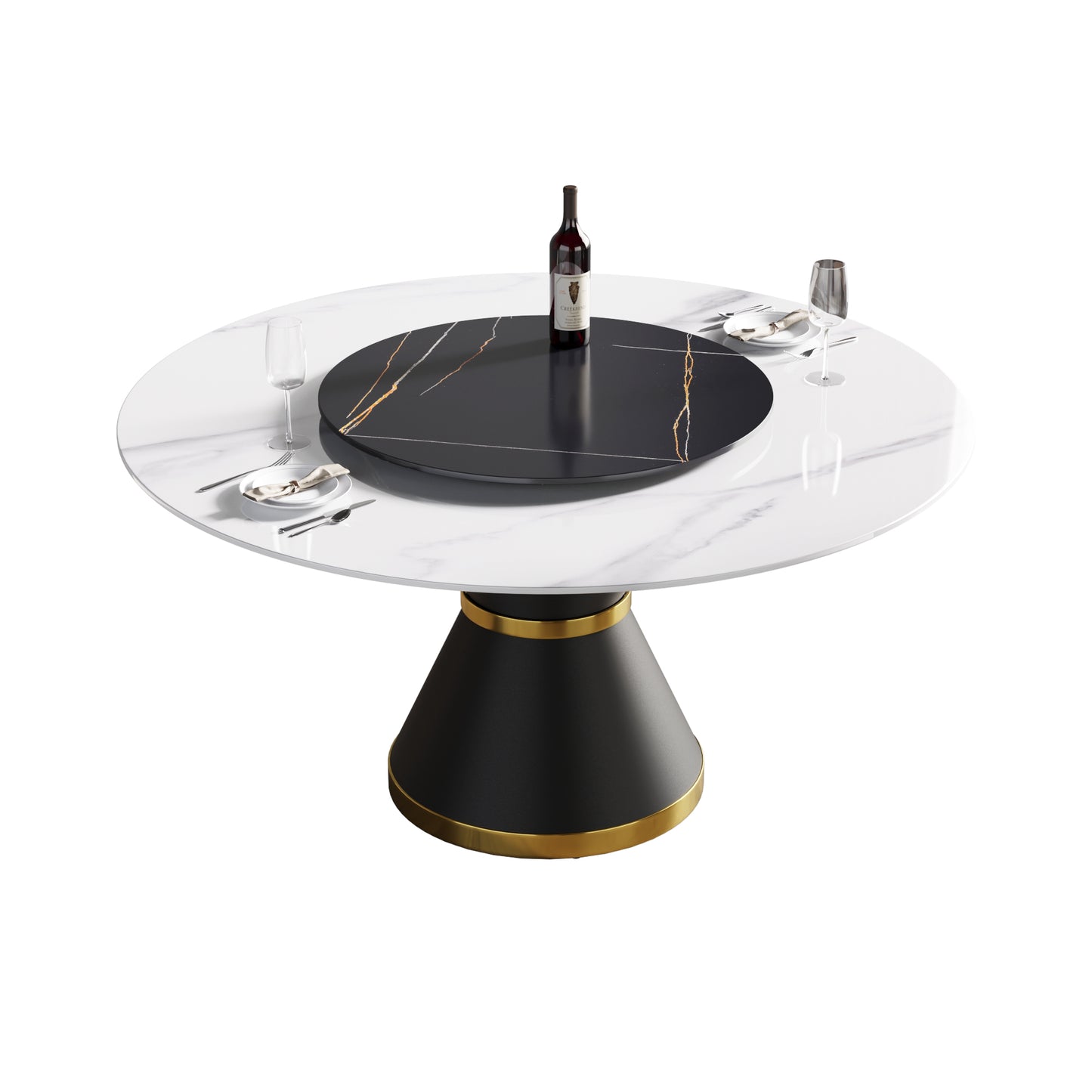 Modern round dining table with marble top and black pedestal base