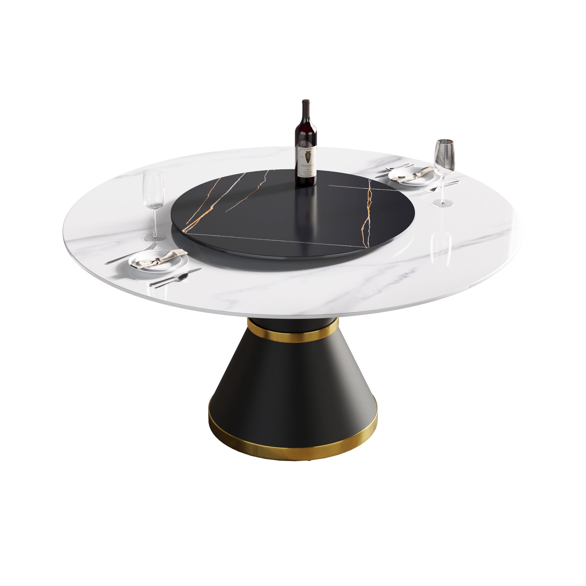 Modern round dining table with marble top and black pedestal base