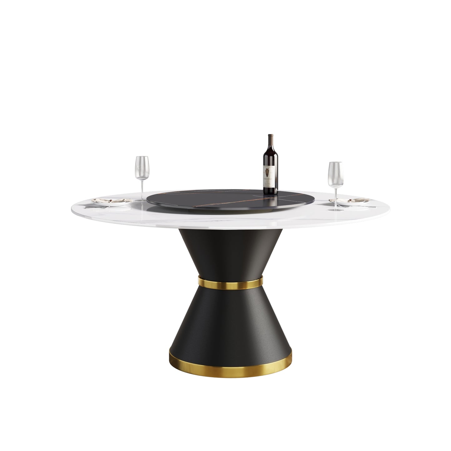 Modern round dining table with white marble top and black base