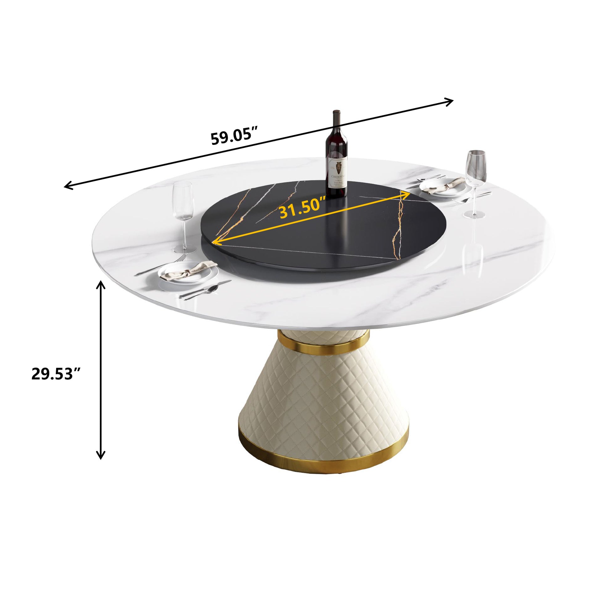 Round white marble dining table with a rotating black lazy susan