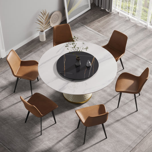Round marble dining table with six brown leather chairs
