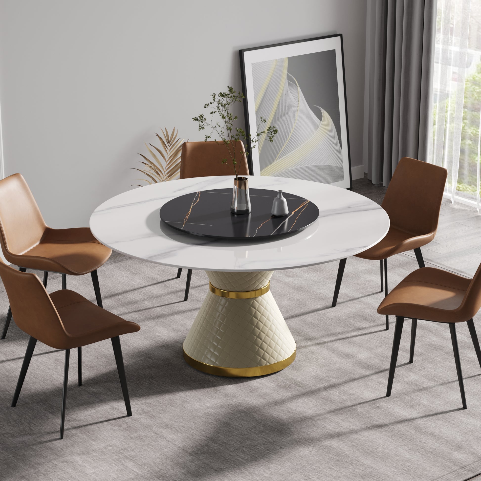 White marble dining table with quilted cream base and gold accent