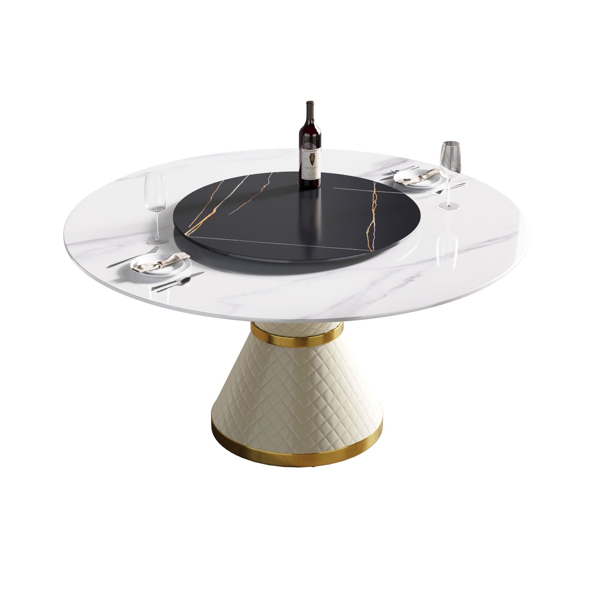 Round white marble dining table with a black rotating tray and gold accents