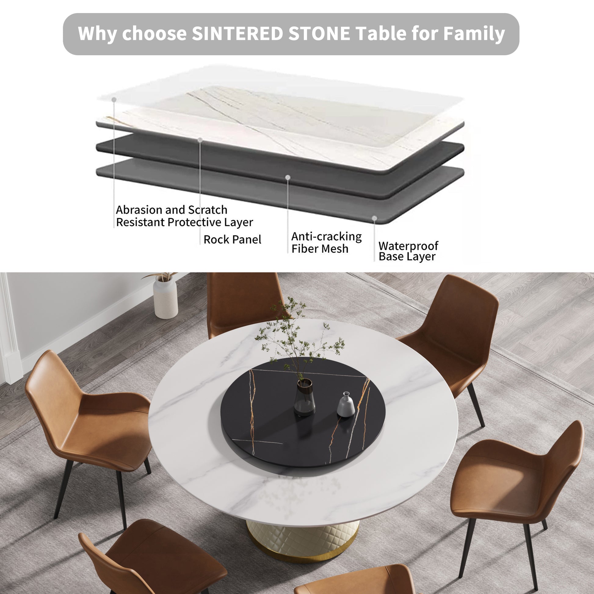 Modern white sintered stone dining table with brown leather chairs and a lazy Susan