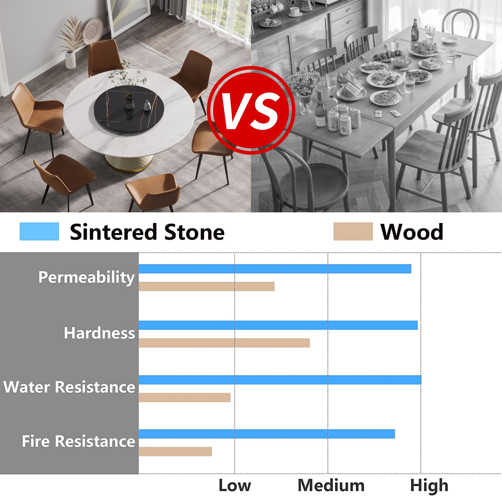 Sintered stone round dining table with marble pattern and gold base