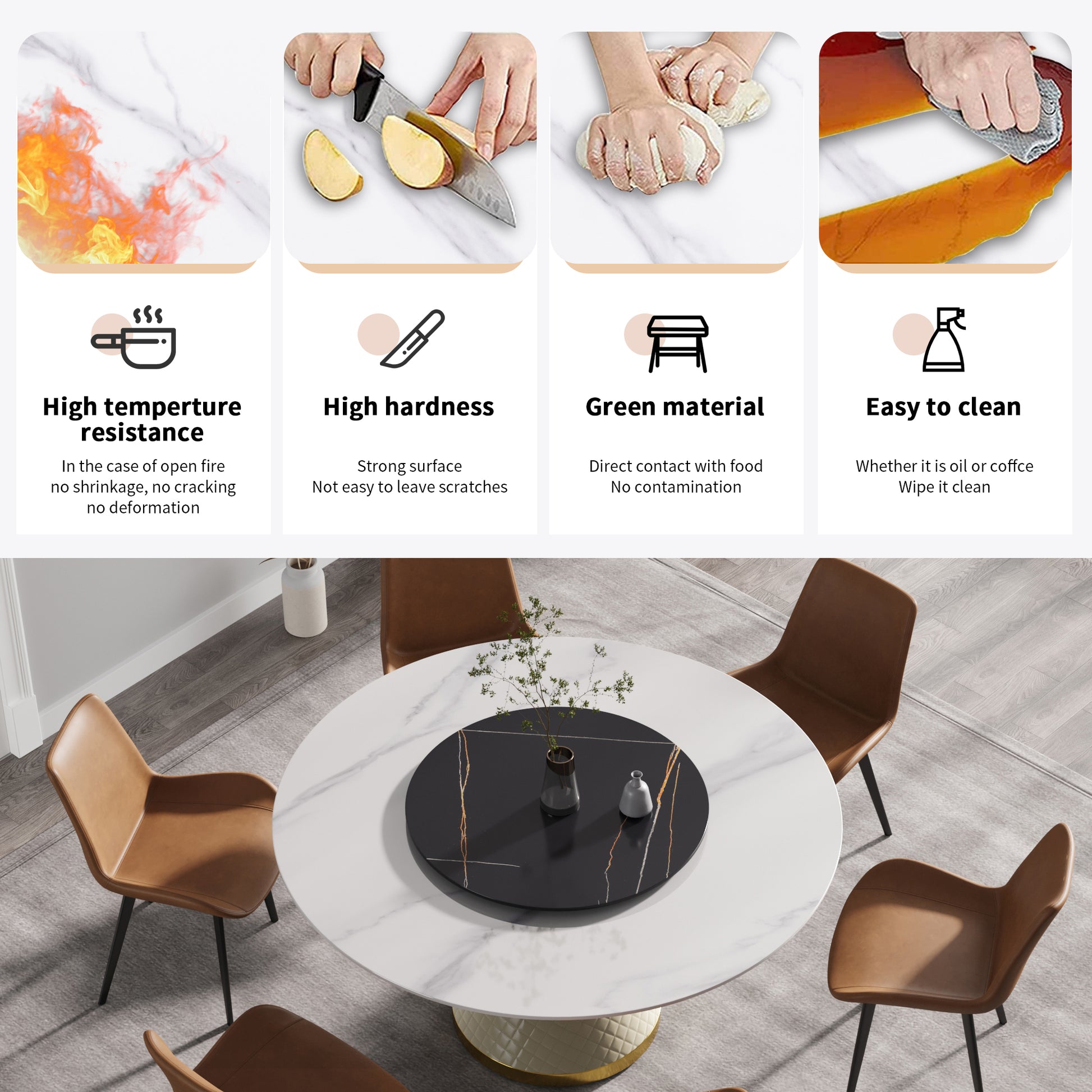 White marble dining table with rotating tray and brown chairs