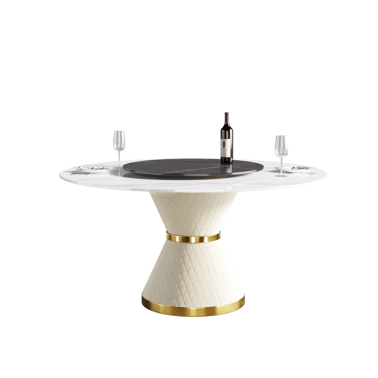 White marble dining table with quilted cream base and gold accents