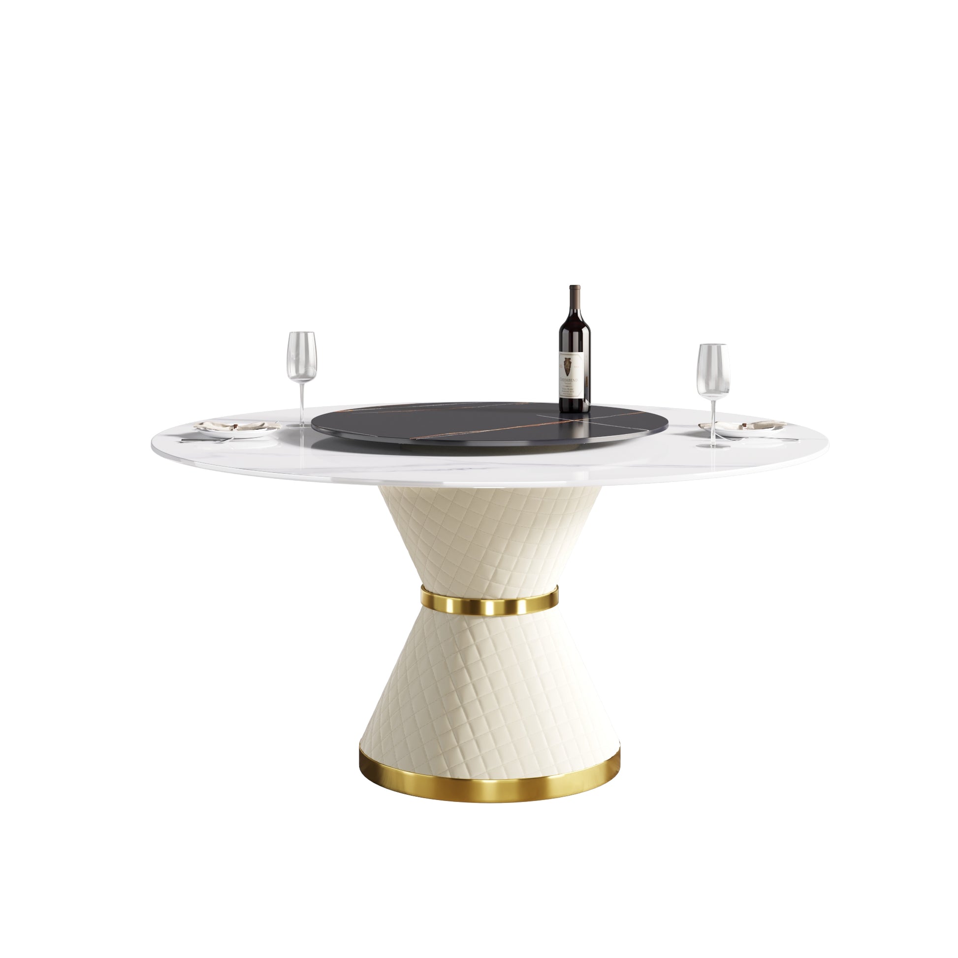 White marble dining table with quilted cream base and gold accents