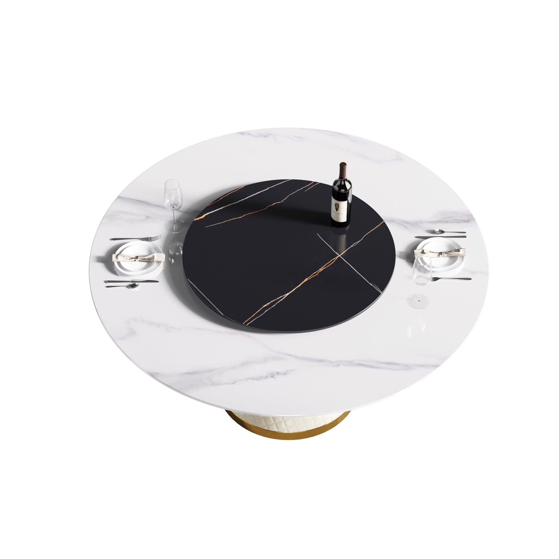 Modern white marble dining table with rotating black marble lazy susan