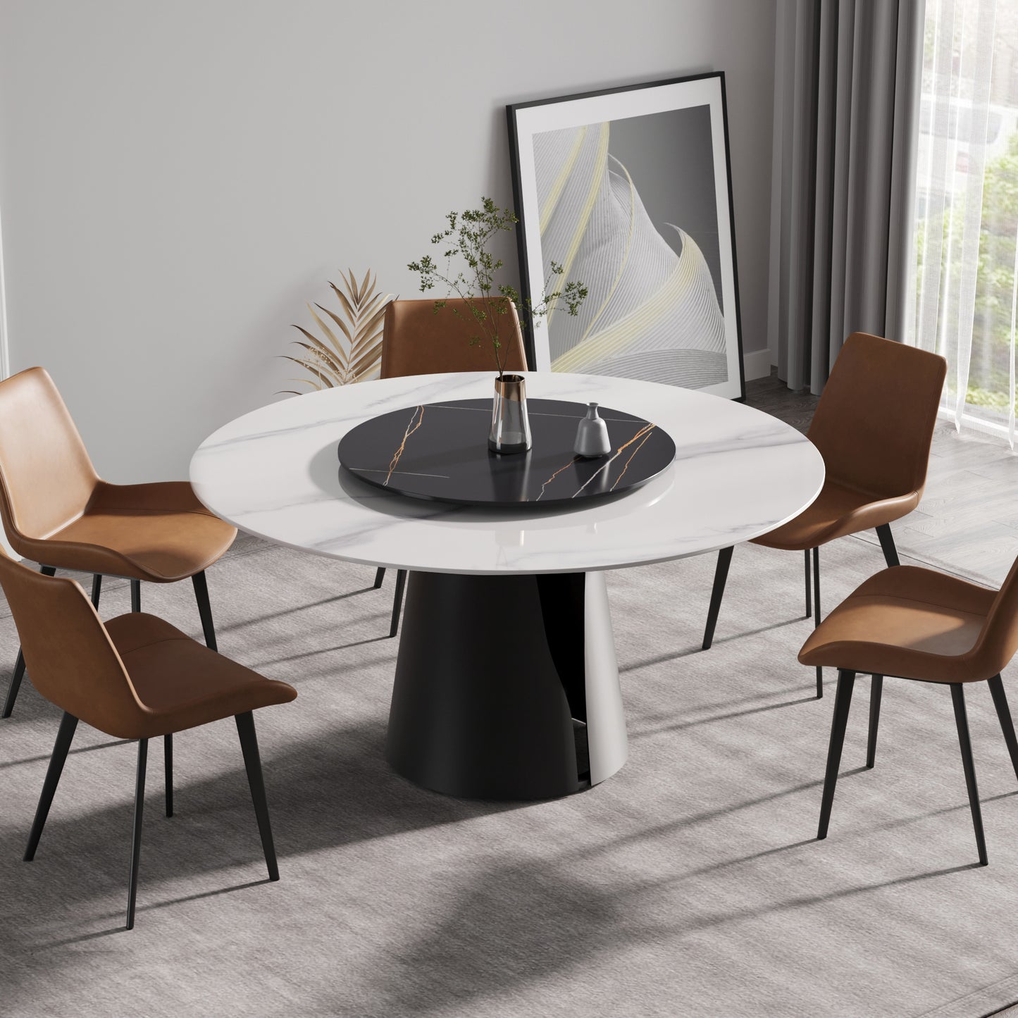 White marble round dining table with black rotating tray and four brown leather chairs