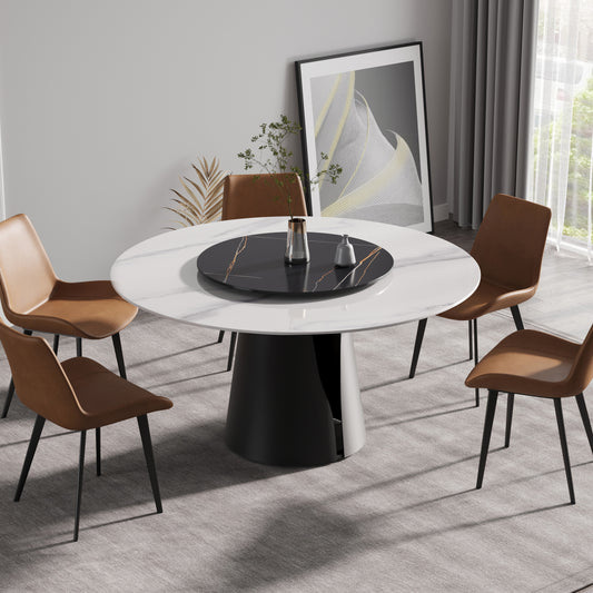 White marble round dining table with black rotating tray and four brown leather chairs
