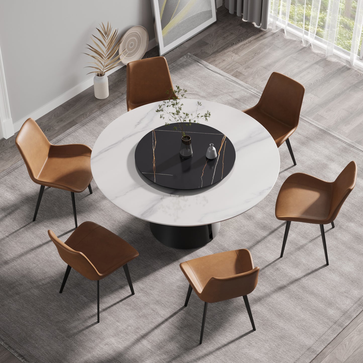 Round marble dining table with  tan leather chairs