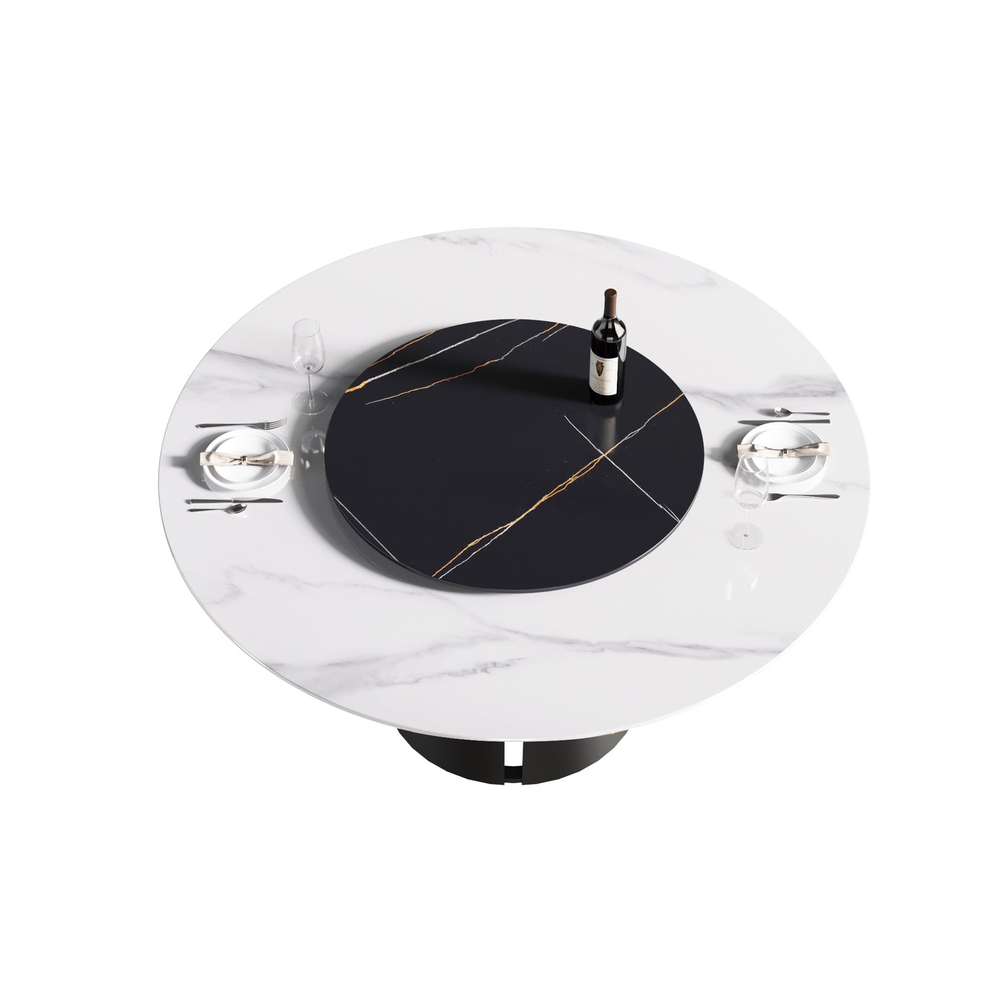 Round white marble dining table with black rotating tray and place settings