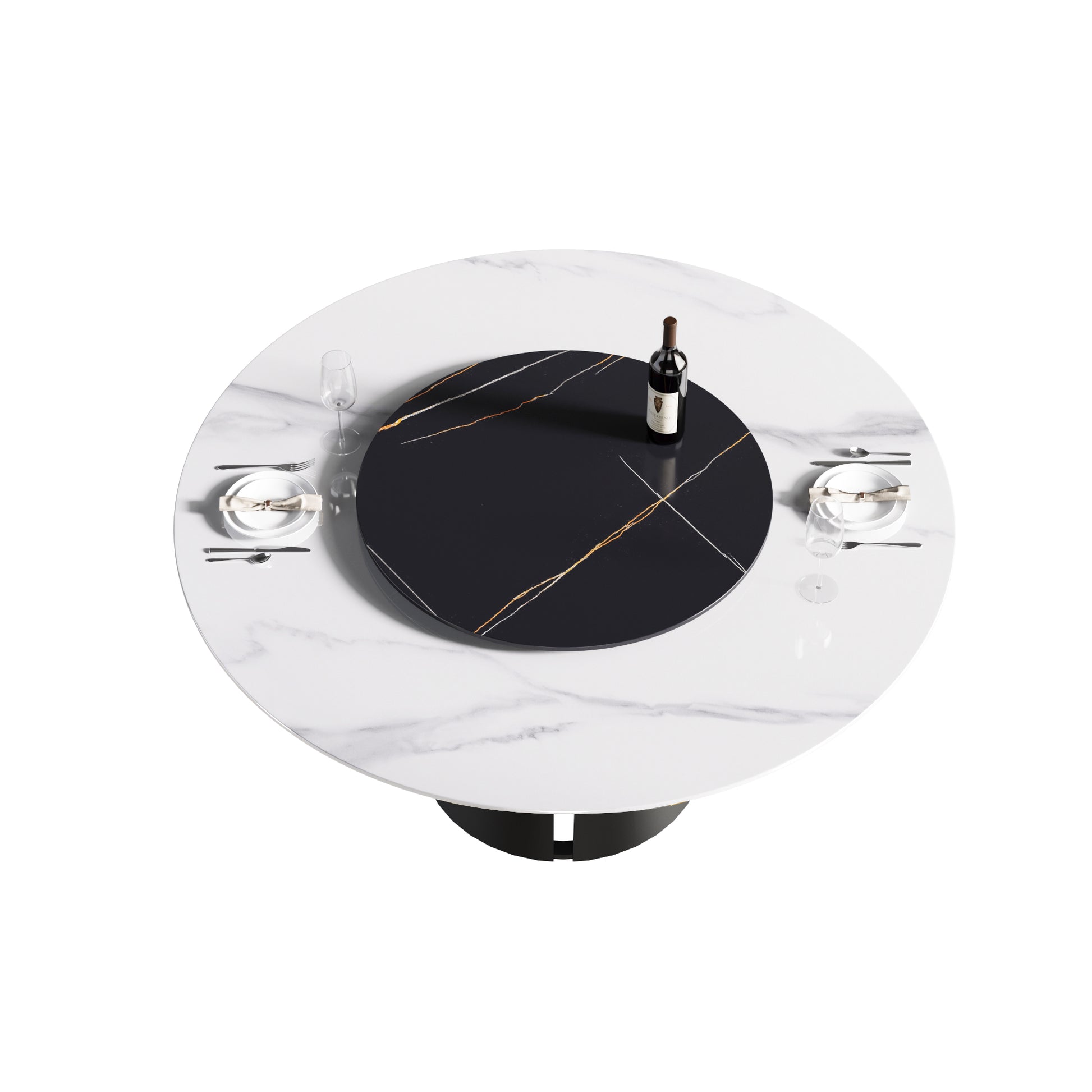 Round white marble dining table with black rotating tray and place settings