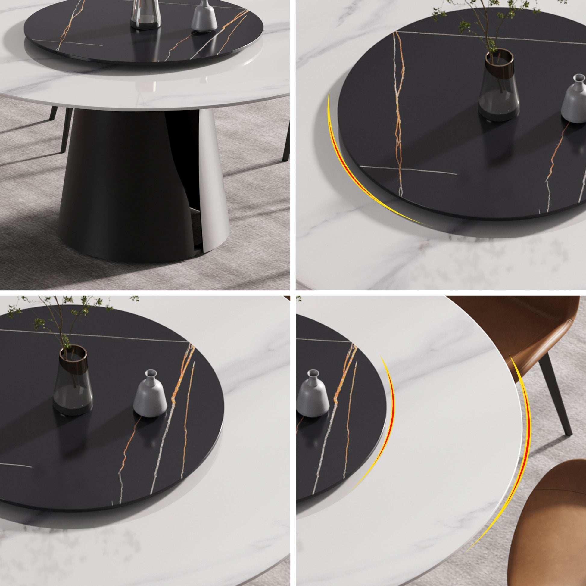 Round white marble dining table with black rotating tray and gold accents