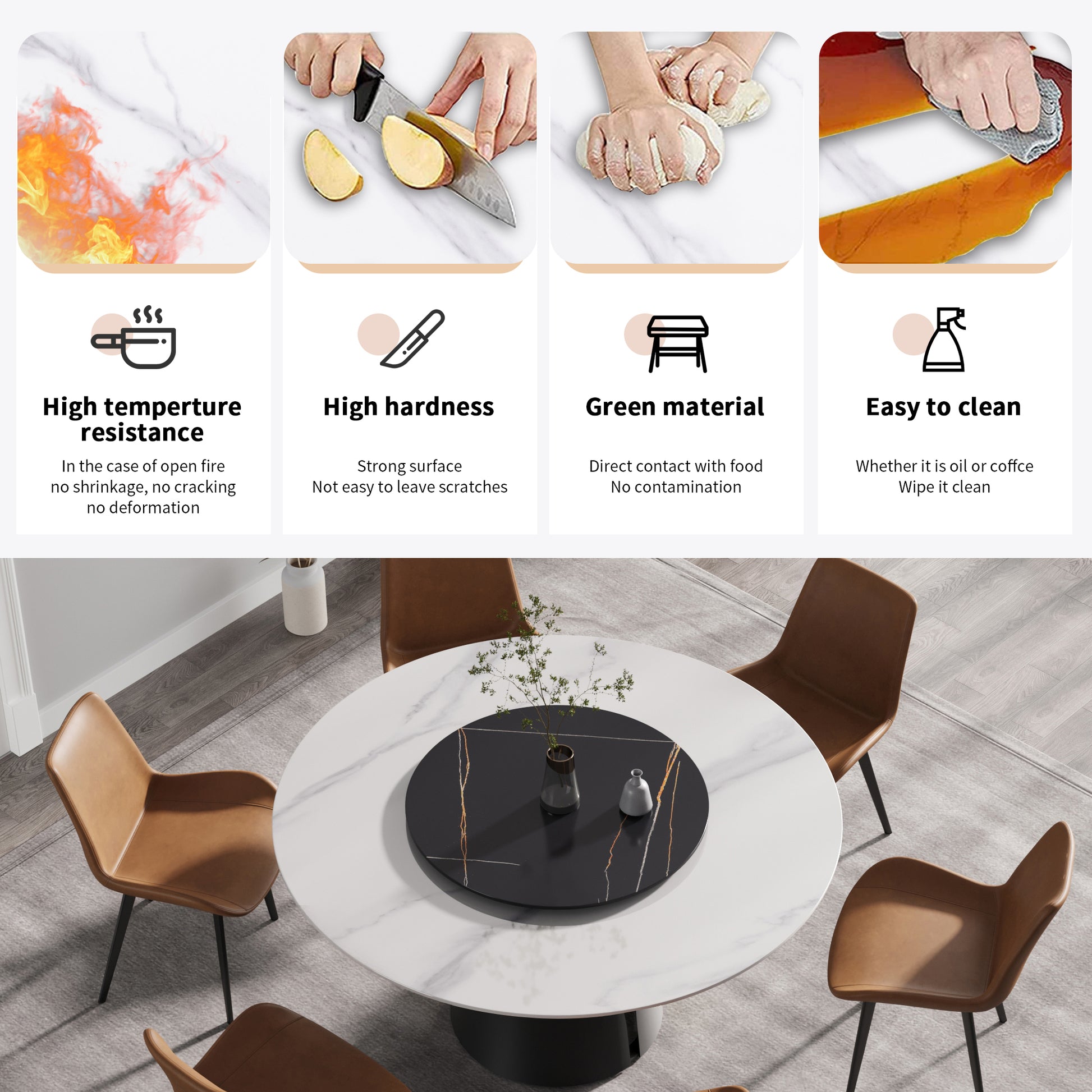 White marble dining table with brown leather chairs