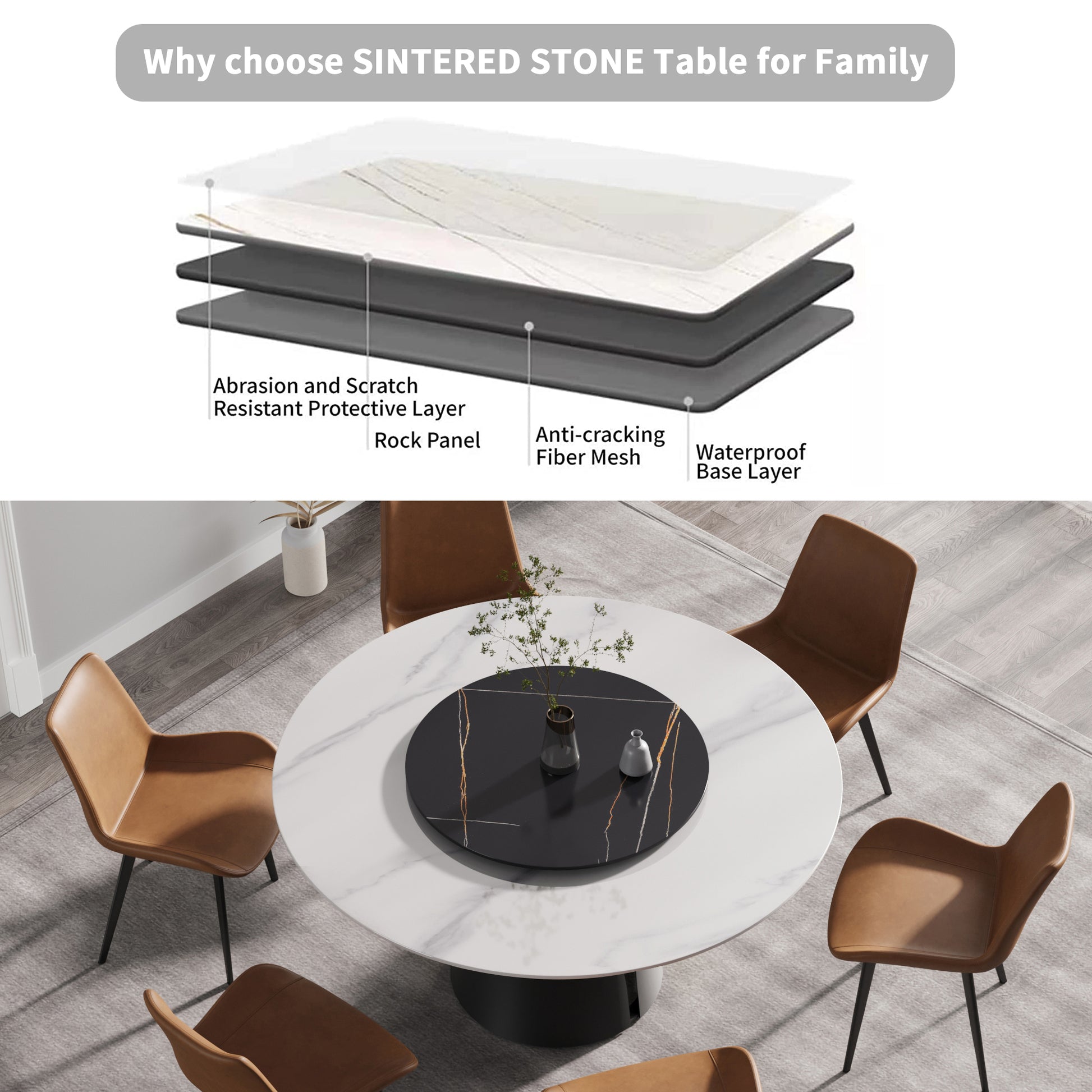 Round white marble sintered stone dining table with black lazy susan