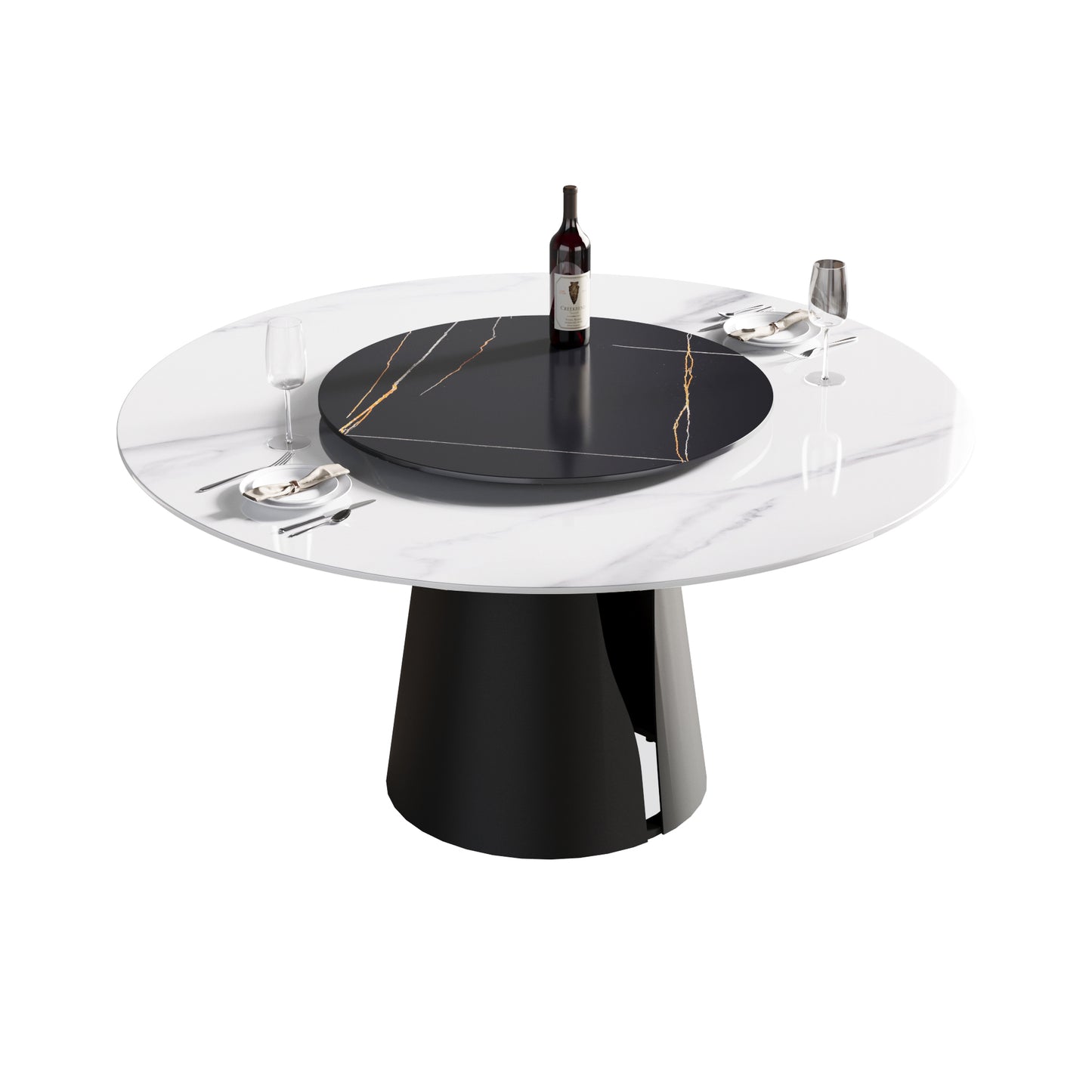 Modern white marble round dining table with rotating black center