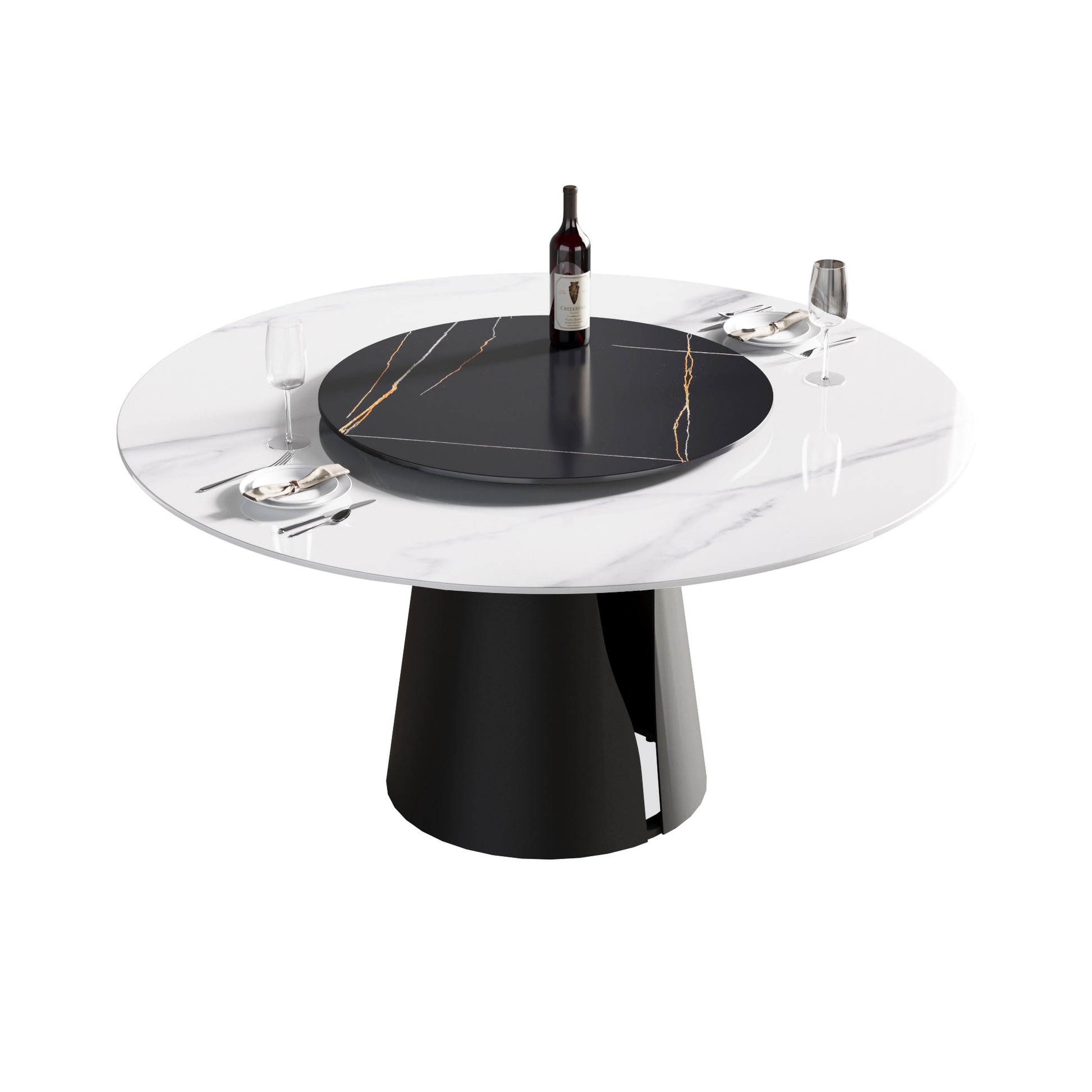 Modern white marble round dining table with rotating black center