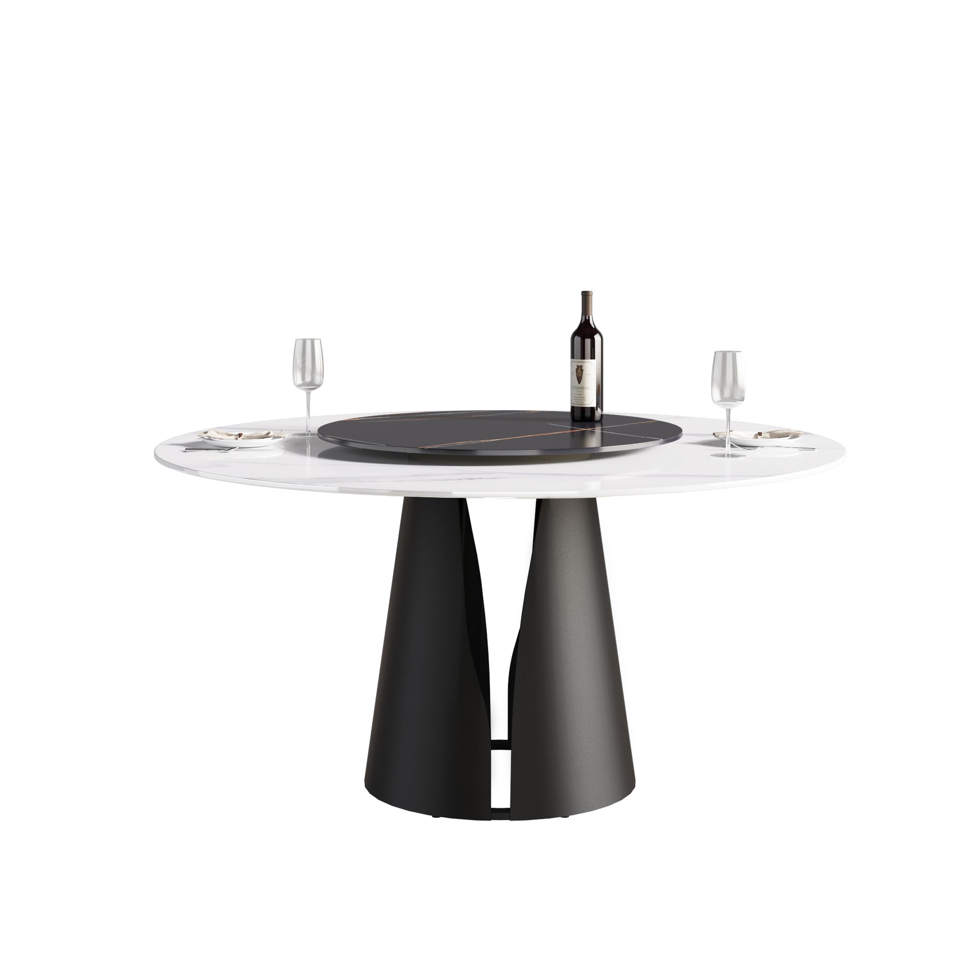 White marble dining table with black matte conical legs and a black lazy Susan