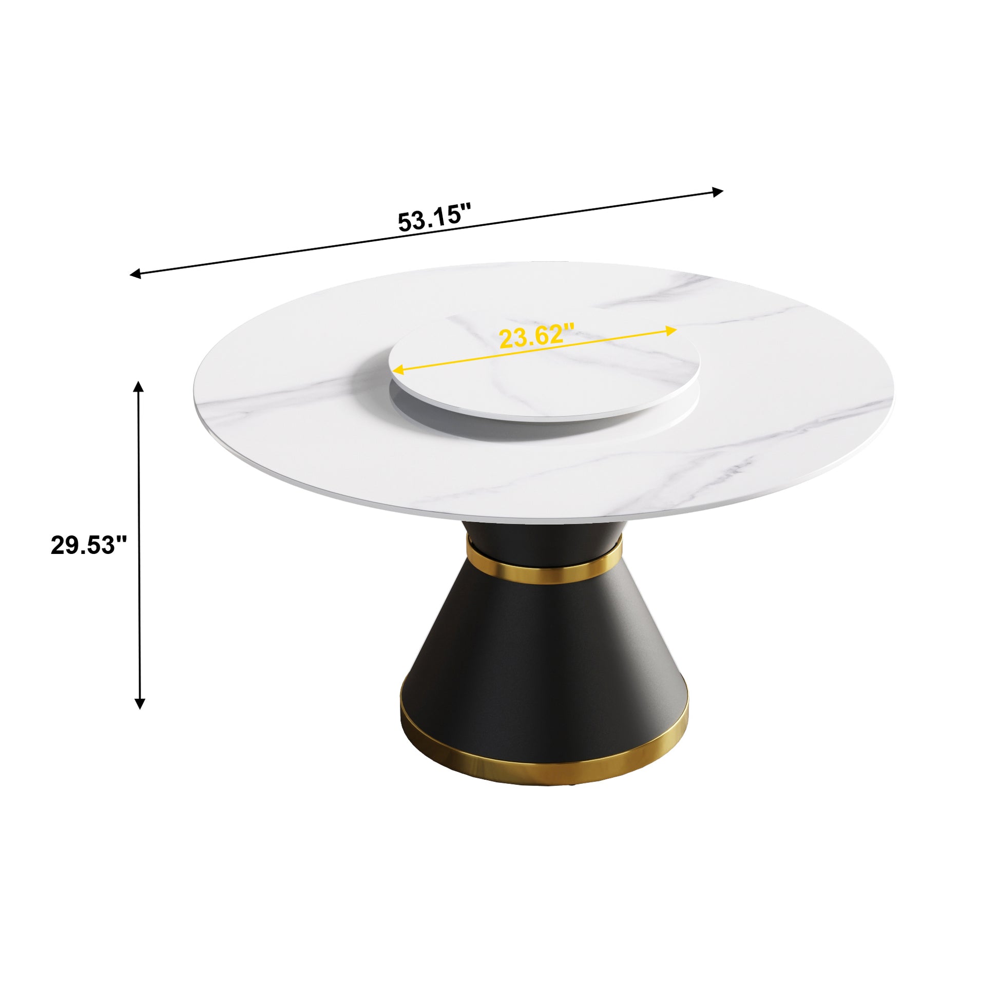 Modern white marblelook dining table with black pedestal base and gold accent