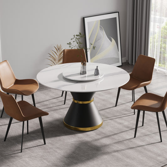White marblelook dining table with black pedestal base and gold trim
