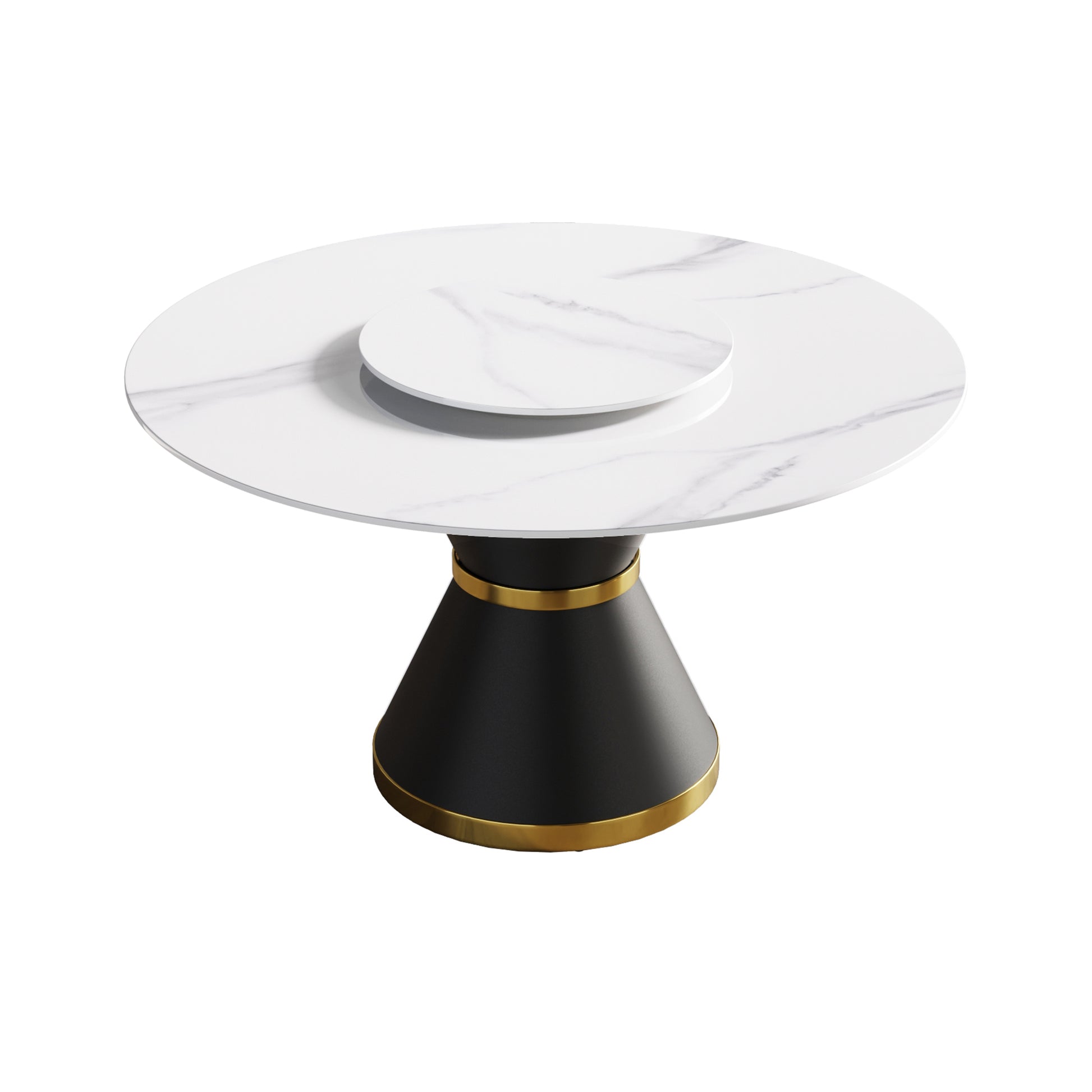 Modern round dining table with white marble top and black conical base