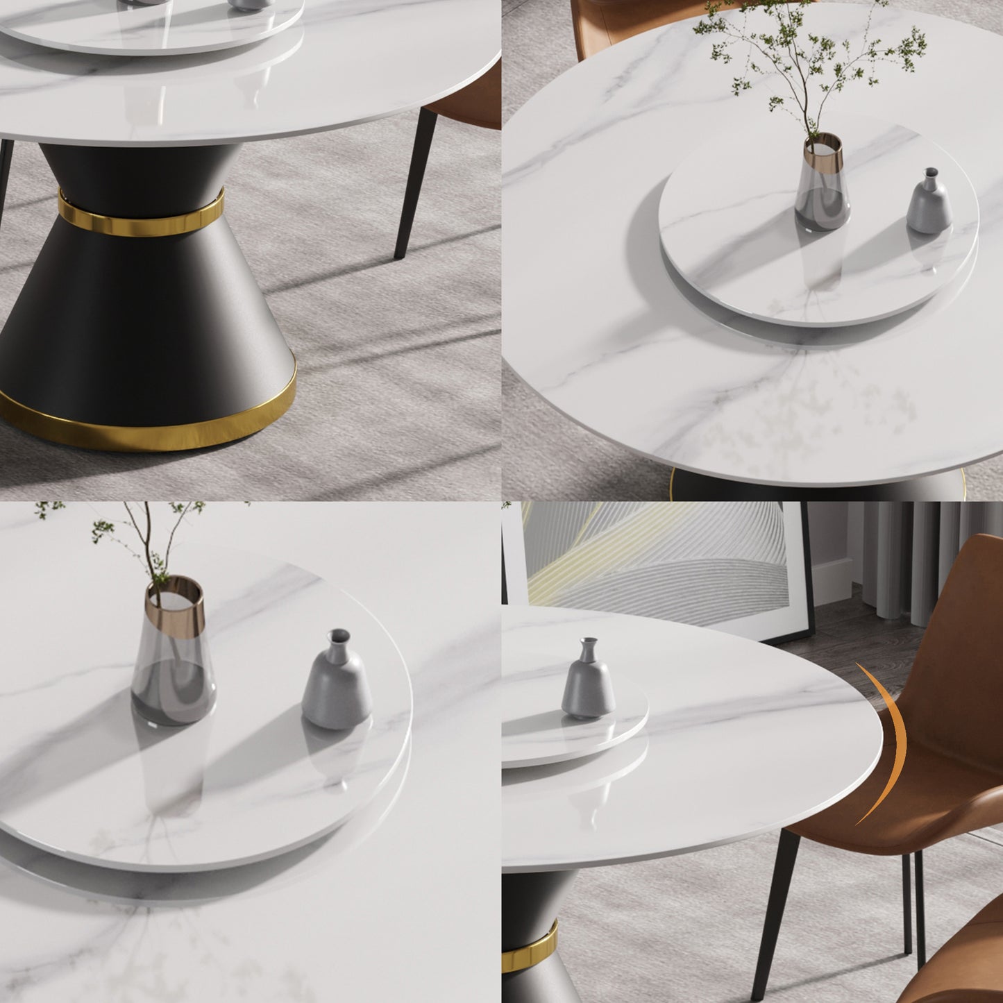Round white marble dining table with black pedestal base